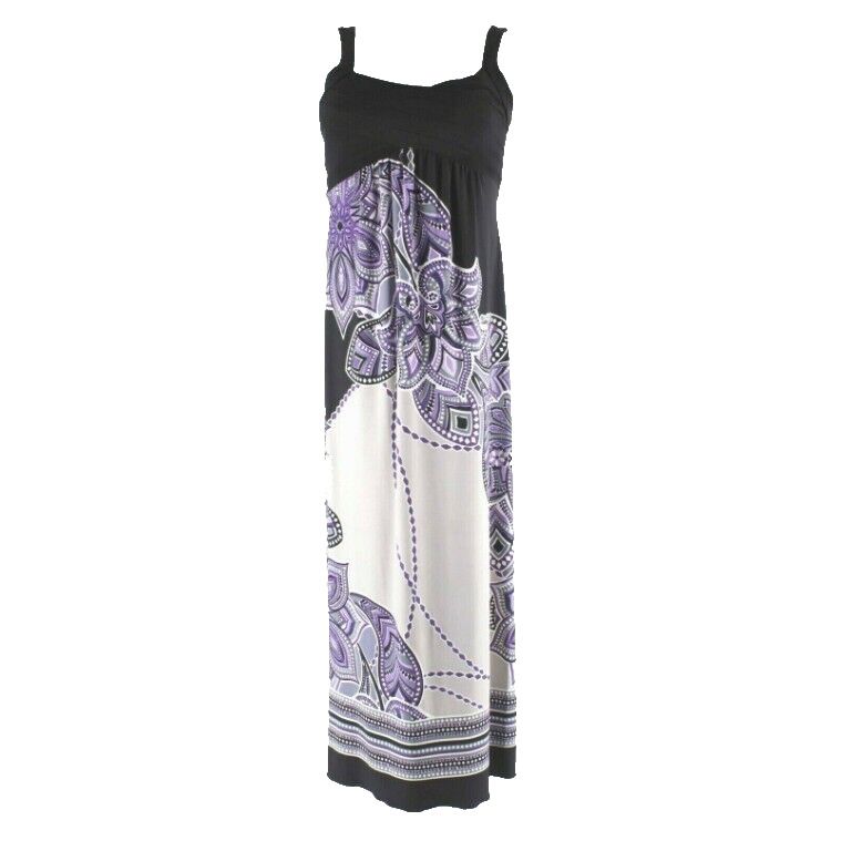 Carole Little Sz 8 Black Purple Gray Multi Long Poly Spandex Maxi Dress 232Y