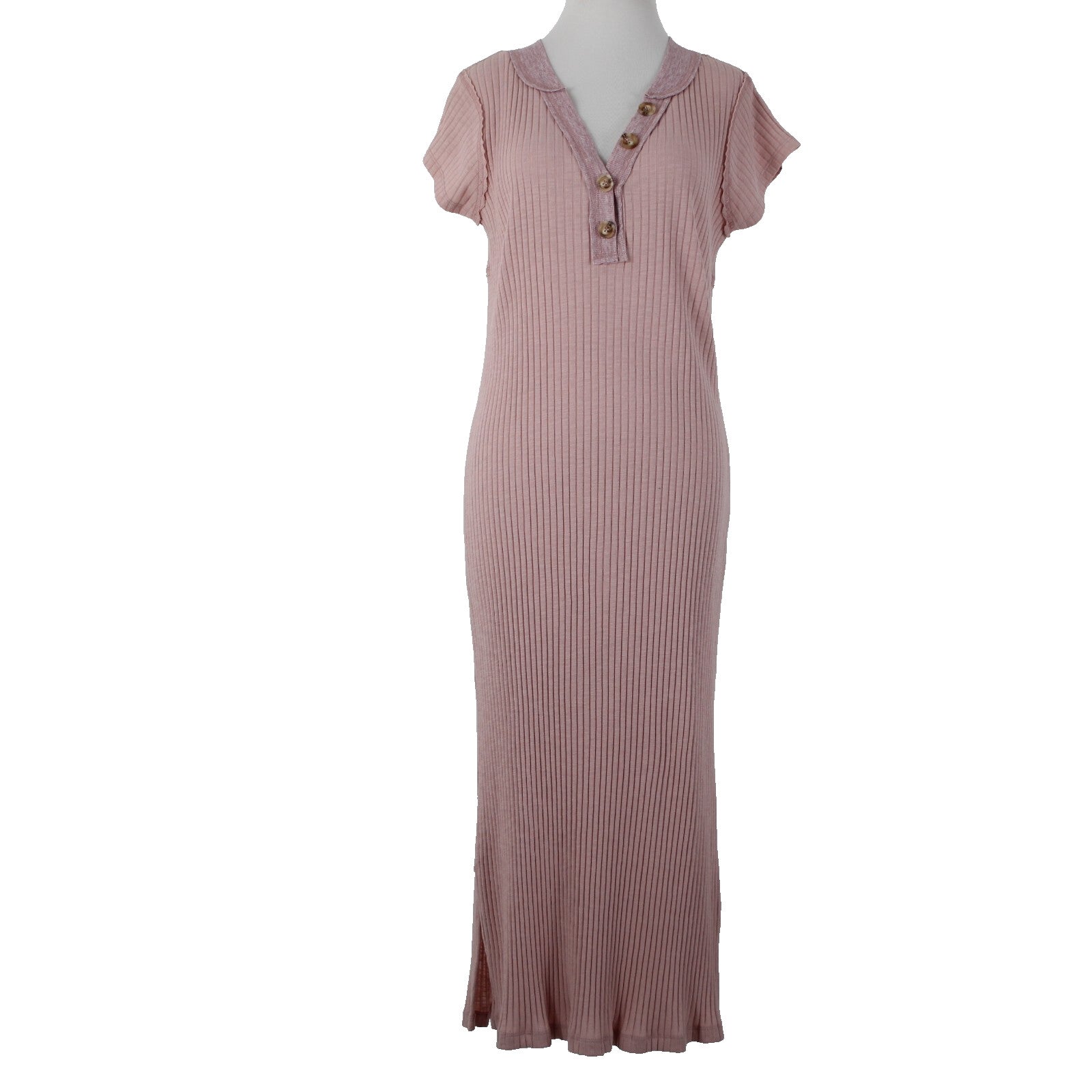 Kori America NEW $50 Sz S Mauve Pink Rib Contrast Cap Sleeve Midi Cotton Dress