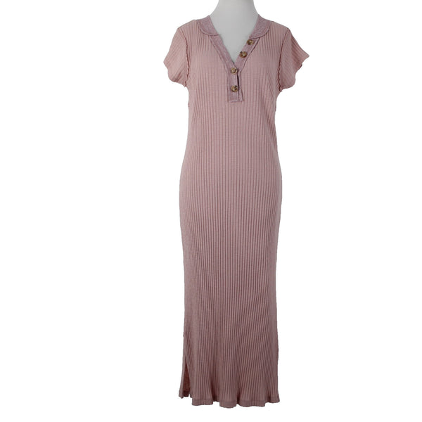 Kori America NEW $50 Sz S Mauve Pink Rib Contrast Cap Sleeve Midi Cotton Dress