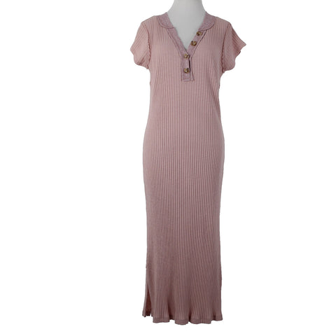 Kori America NEW $50 Sz S Mauve Pink Rib Contrast Cap Sleeve Midi Cotton Dress