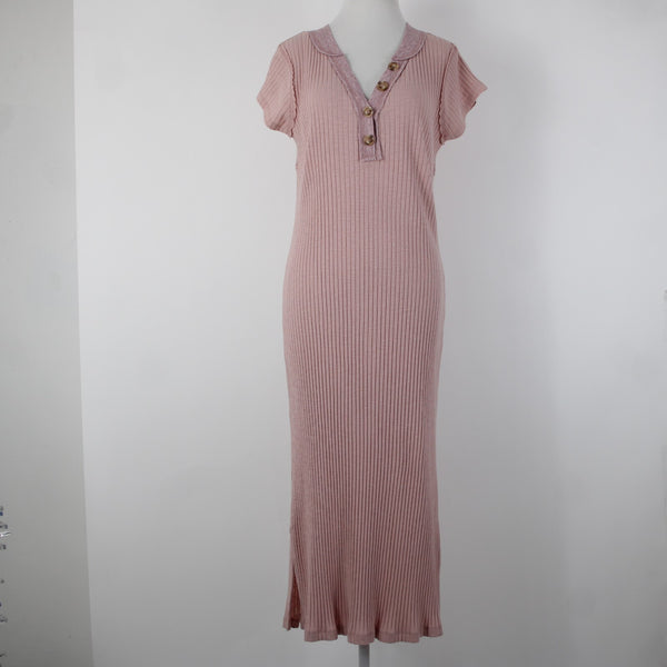 Kori America NEW $50 Sz S Mauve Pink Rib Contrast Cap Sleeve Midi Cotton Dress