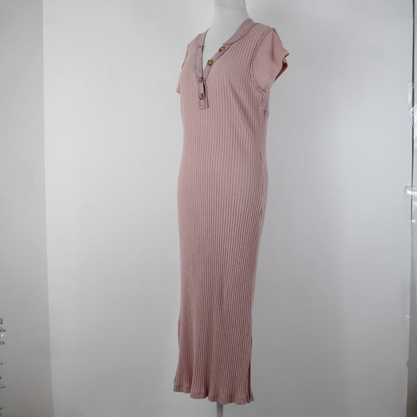 Kori America NEW $50 Sz S Mauve Pink Rib Contrast Cap Sleeve Midi Cotton Dress