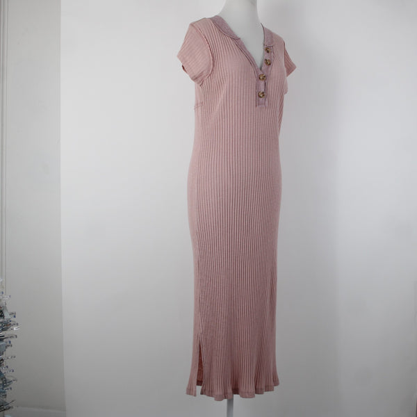 Kori America NEW $50 Sz S Mauve Pink Rib Contrast Cap Sleeve Midi Cotton Dress