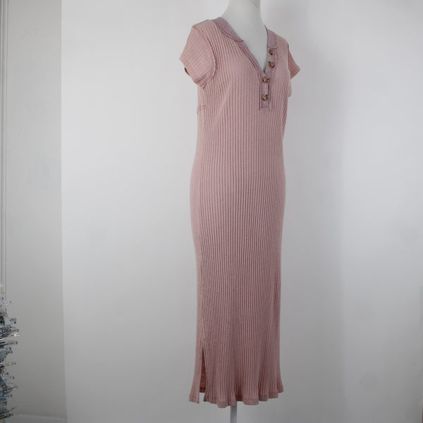 Kori America NEW $50 Sz S Mauve Pink Rib Contrast Cap Sleeve Midi Cotton Dress