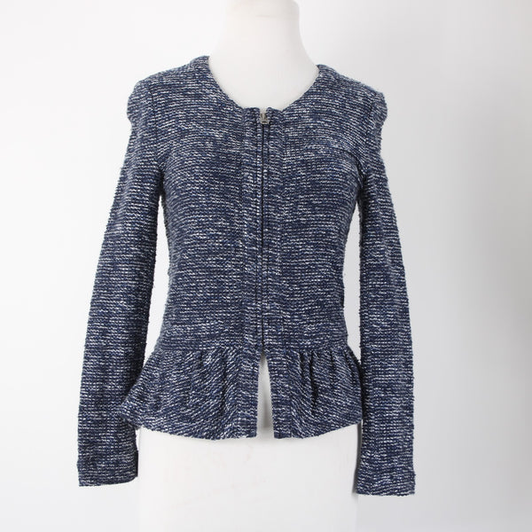J Crew Sz XS Navy Blue White Zipper Long Sleeve Knit Cotton Acrylic Jacket
