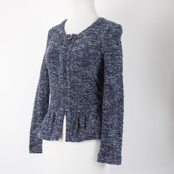 J Crew Sz XS Navy Blue White Zipper Long Sleeve Knit Cotton Acrylic Jacket