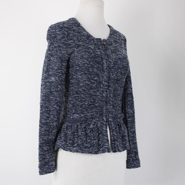 J Crew Sz XS Navy Blue White Zipper Long Sleeve Knit Cotton Acrylic Jacket
