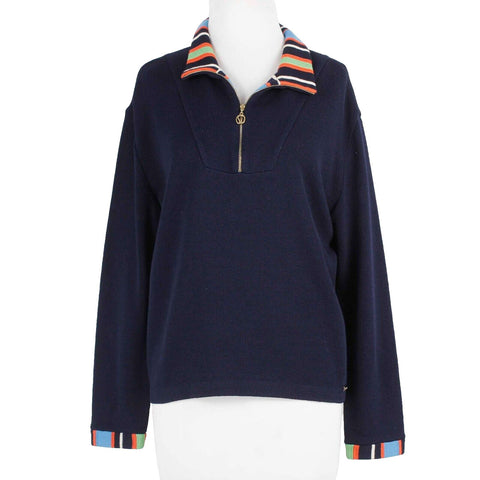 St John Sport Sz L Navy Blue Multi Santana Knit 1/2 Zip Pull Sweater