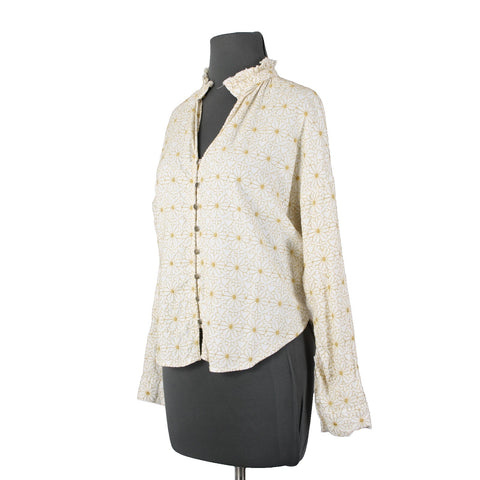 Pilcro Sz S Mustard Yellow Embroidered White Raw Edge Neck Boho Cotton Blend Top