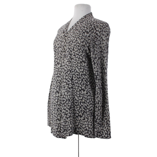 Christine Alexander Wrap Sweater Sz XL Gray Brown Rhinestones Animal Prnt Cotton