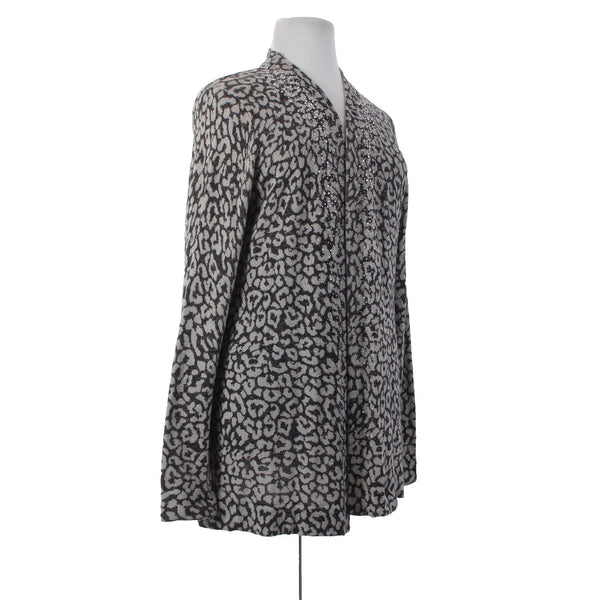 Christine Alexander Wrap Sweater Sz XL Gray Brown Rhinestones Animal Prnt Cotton