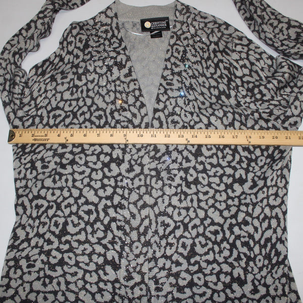 Christine Alexander Wrap Sweater Sz XL Gray Brown Rhinestones Animal Prnt Cotton