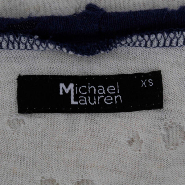 Michael Lauren Sz XS Ivory Blue Distressed Holes Hi Lo Baseball Style Knit Shirt