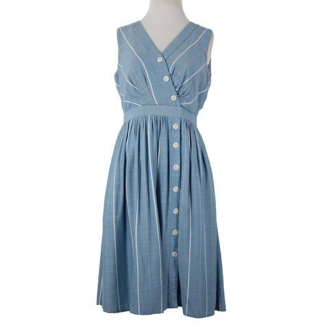 Gal Meets Glam Sz 0 Blue White Gray Striped Buttons 100% Viscose Polyester Dress