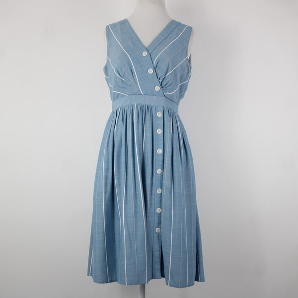 Gal Meets Glam Sz 0 Blue White Gray Striped Buttons 100% Viscose Polyester Dress