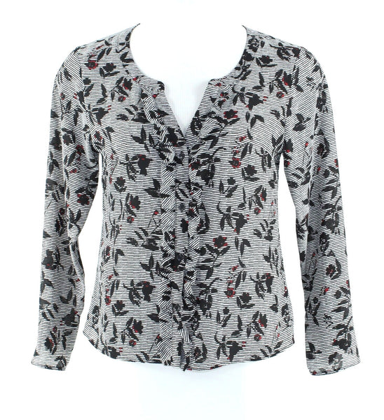 Candie's Sz L Black White Striped Red Floral 100% Polyester Button Front Top