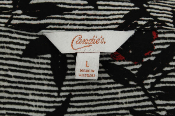 Candie's Sz L Black White Striped Red Floral 100% Polyester Button Front Top