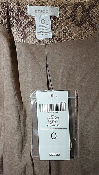 Chicos Layla NEW $139 Sz 0 Gold Brown Snake Ruched Peplum Polyester Jacket