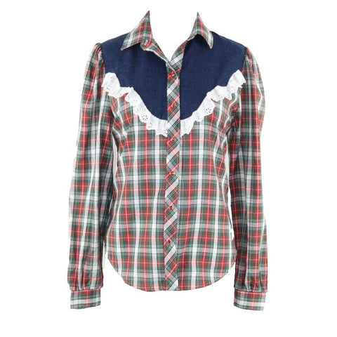 Panhandle Slim Sz 10 Red Navy White Green Multi Plaid Snap Poly Cotton Top
