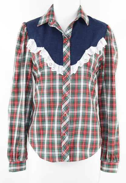 Panhandle Slim Sz 10 Red Navy White Green Multi Plaid Snap Poly Cotton Top