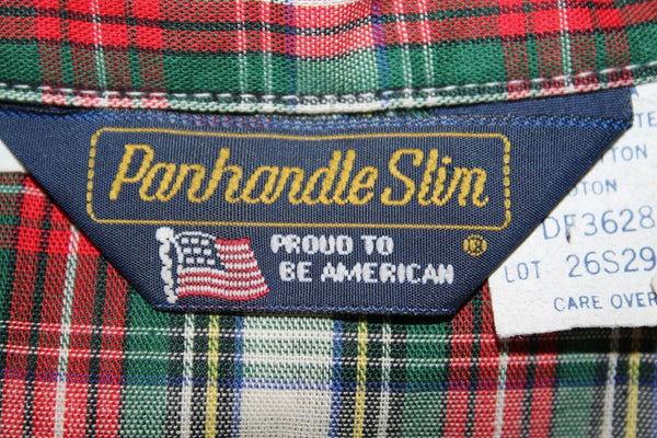 Panhandle Slim Sz 10 Red Navy White Green Multi Plaid Snap Poly Cotton Top