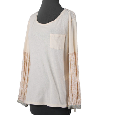 We The Free Sz XS Peachy Cream White Aqua Boho Sleeve Oversize Cotton Blend Top