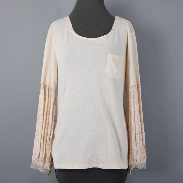 We The Free Sz XS Peachy Cream White Aqua Boho Sleeve Oversize Cotton Blend Top