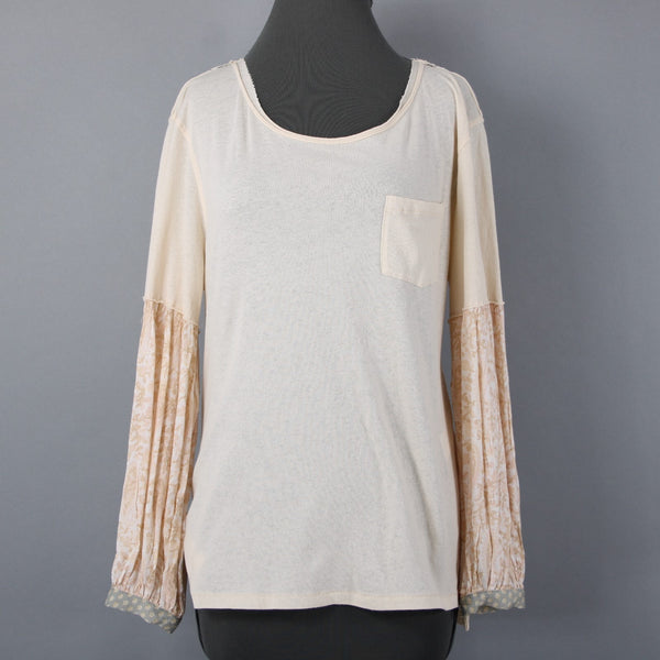 We The Free Sz XS Peachy Cream White Aqua Boho Sleeve Oversize Cotton Blend Top