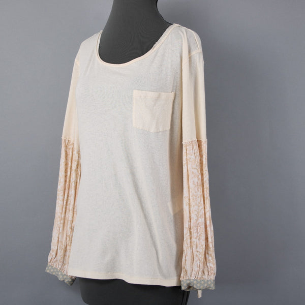 We The Free Sz XS Peachy Cream White Aqua Boho Sleeve Oversize Cotton Blend Top