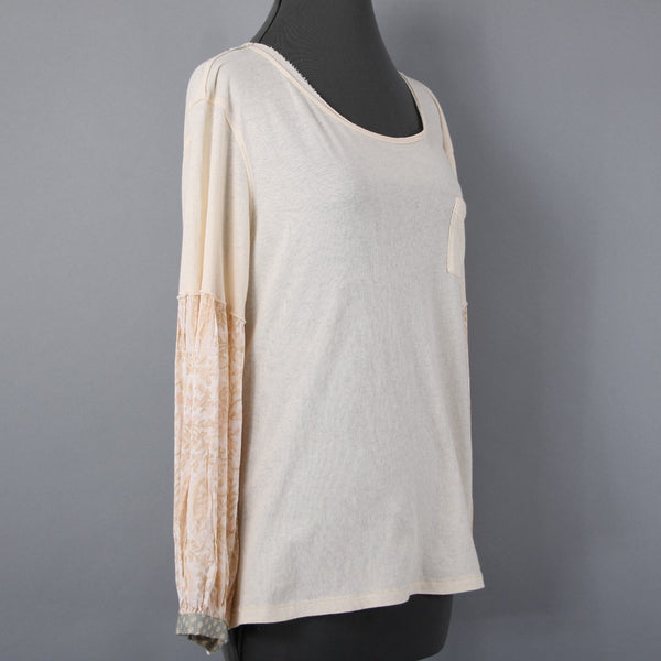 We The Free Sz XS Peachy Cream White Aqua Boho Sleeve Oversize Cotton Blend Top
