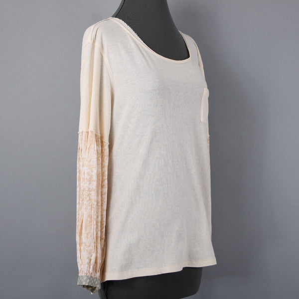 We The Free Sz XS Peachy Cream White Aqua Boho Sleeve Oversize Cotton Blend Top