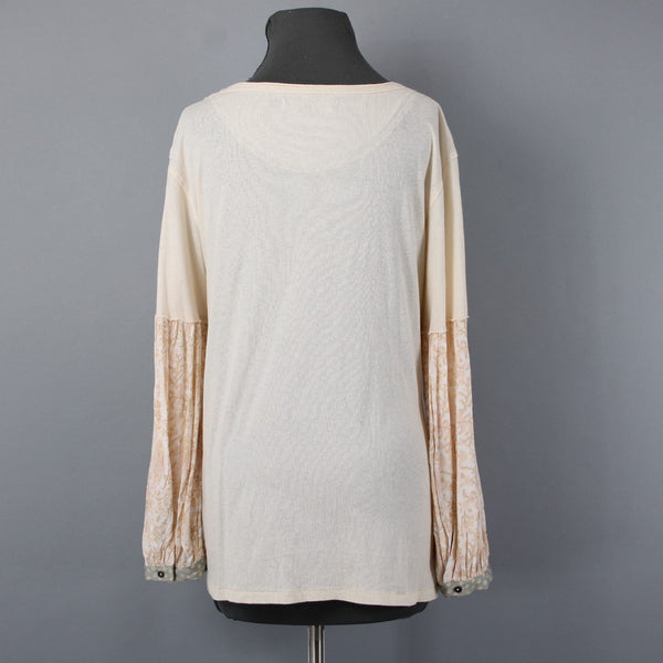 We The Free Sz XS Peachy Cream White Aqua Boho Sleeve Oversize Cotton Blend Top