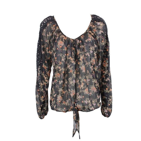 American Rag Sz S Black Peach Green Floral Lace Insert Sheer Polyester Top