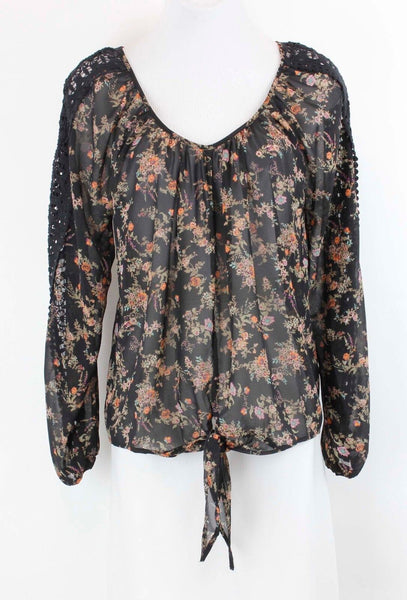 American Rag Sz S Black Peach Green Floral Lace Insert Sheer Polyester Top