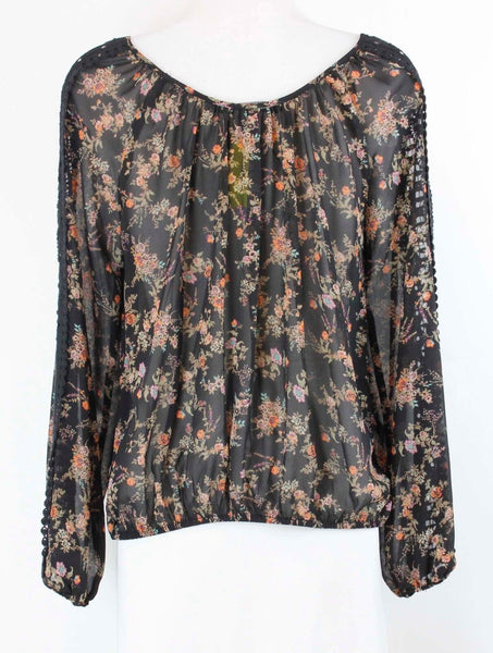 American Rag Sz S Black Peach Green Floral Lace Insert Sheer Polyester Top