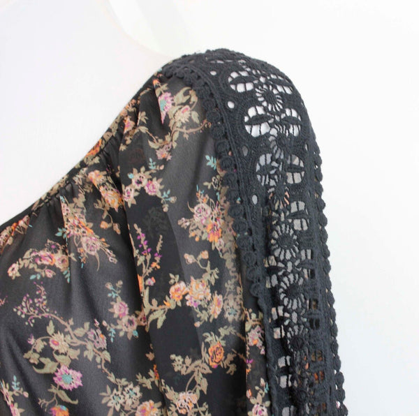 American Rag Sz S Black Peach Green Floral Lace Insert Sheer Polyester Top