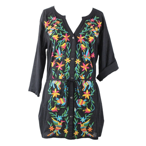 Double D Ranch Sz M Black Multi Embroidered V Neck Tab Sl Button 100% Cotton Top