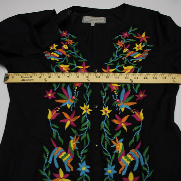 Double D Ranch Sz M Black Multi Embroidered V Neck Tab Sl Button 100% Cotton Top