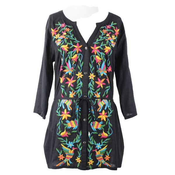 Double D Ranch Sz M Black Multi Embroidered V Neck Tab Sl Button 100% Cotton Top