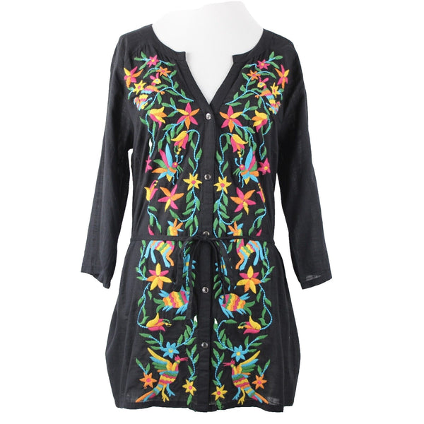 Double D Ranch Sz M Black Multi Embroidered V Neck Tab Sl Button 100% Cotton Top