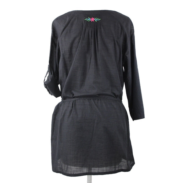 Double D Ranch Sz M Black Multi Embroidered V Neck Tab Sl Button 100% Cotton Top