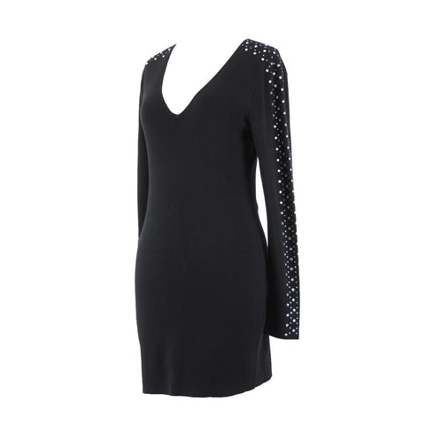 INC Sz M Black V Neck Rhinestones Sleeve Runner Viscose Polyester Dress