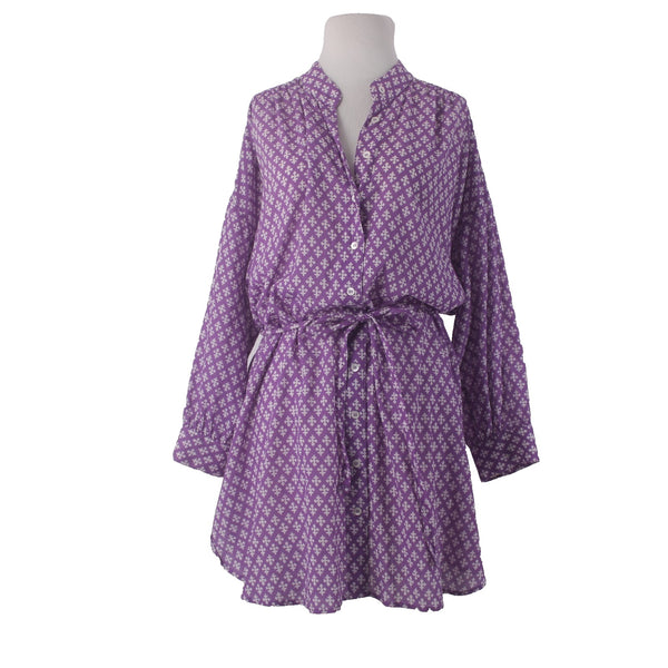 Xirena Dress Sz S Purple White Buttons Belted Collared 100% Cotton Dress
