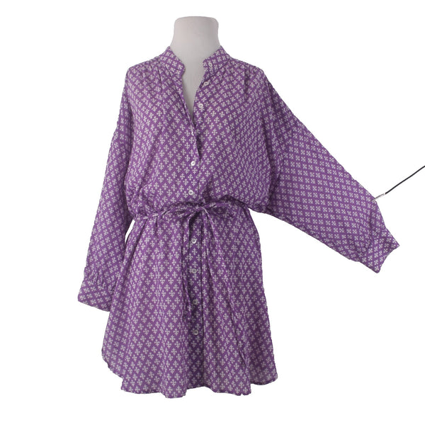 Xirena Dress Sz S Purple White Buttons Belted Collared 100% Cotton Dress
