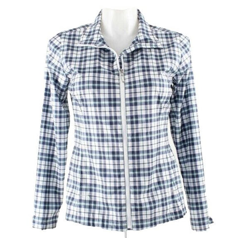 IZOD Golf Sz M Navy Blue Green White Plaid Zip 100% Polyester Jacket
