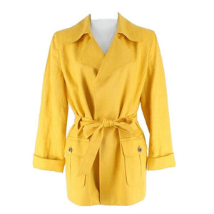 Ellen Tracy Sz S Goldenrod Yellow Button Pocket Cuff Belted Wrap Linen Jacket