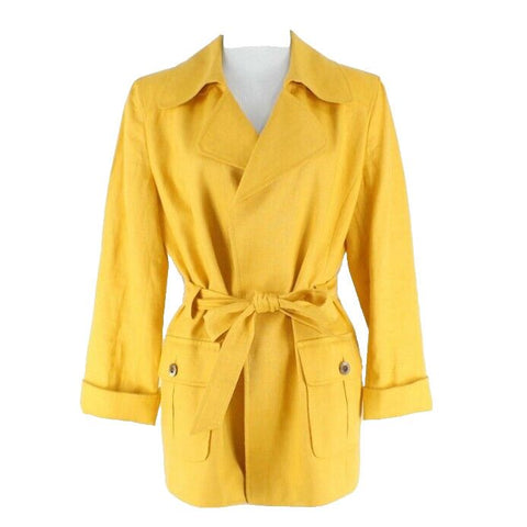 Ellen Tracy Sz S Goldenrod Yellow Button Pocket Cuff Belted Wrap Linen Jacket