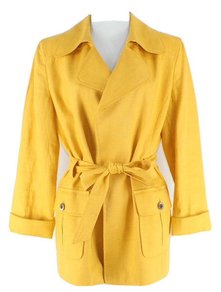 Ellen Tracy Sz S Goldenrod Yellow Button Pocket Cuff Belted Wrap Linen Jacket