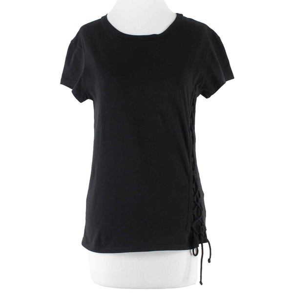 Pam & Gela NEW $138 Sz M Black Asym Corset Laced Front T Top