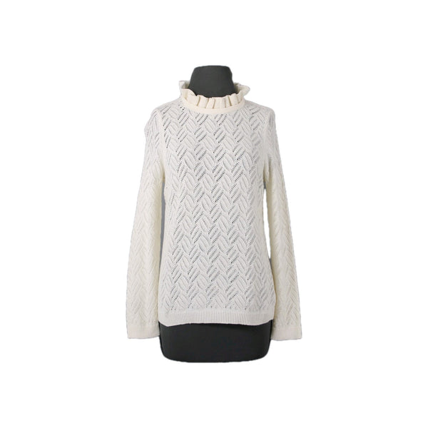 Talbots NEW Sz L Petite Ivory Open Weave Ruffle Neck Cotton Blend Sweater